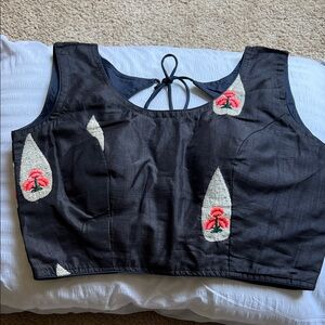 Gray  Sleeveless Top , Blouse with Embroidered Floral Accents